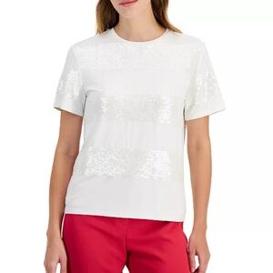 Anne Klein Klein Womens Short Sleeve Sequin Stripe T Shirt White Size XL